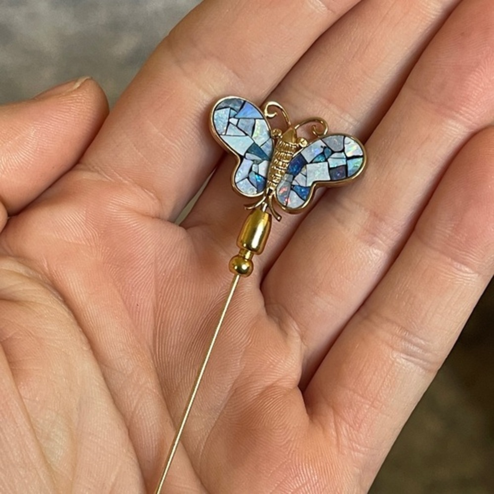 Gold Butterfly Mosaic Stick Pin with Iridescent Blue Inlay